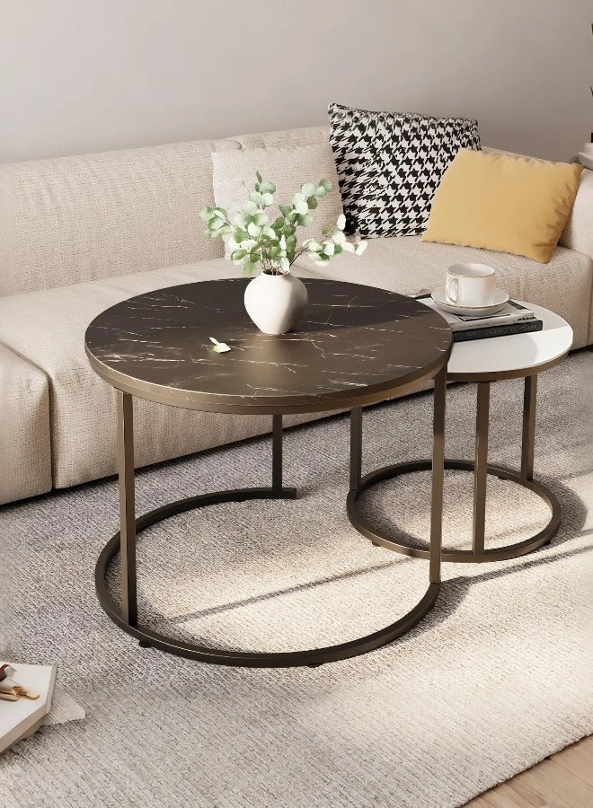 TELANPU Nesting Coffee Tables, Set of 2 Modern Round Stacking End Tables with Metal Frame & Faux Marble Top, Space-Saving Side Tables for Living Room, Bedroom, Black and White - Image 3