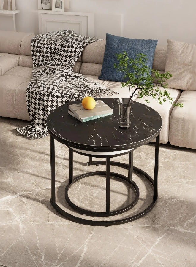 TELANPU Nesting Coffee Tables, Set of 2 Modern Round Stacking End Tables with Metal Frame & Faux Marble Top, Space-Saving Side Tables for Living Room, Bedroom, Black and White - Image 4