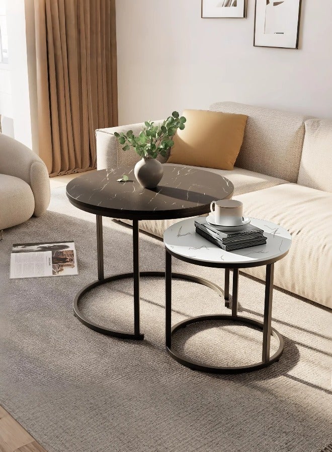 TELANPU Nesting Coffee Tables, Set of 2 Modern Round Stacking End Tables with Metal Frame & Faux Marble Top, Space-Saving Side Tables for Living Room, Bedroom, Black and White - Image 5