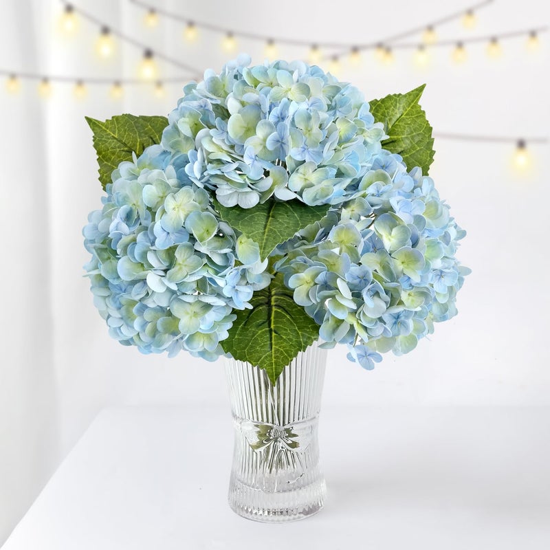 ZYTUYO 3PCS Blue Green Hydrangeas Artificial Flower 21 Real Touch Faux Latex Fake Hydrangeas Silk Bouquet for Home Kitchen Living Room Spring Table Office Wedding Party Arrangement - Image 2