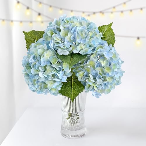 ZYTUYO 3PCS Blue Green Hydrangeas Artificial Flower 21 Real Touch Faux Latex Fake Hydrangeas Silk Bouquet for Home Kitchen Living Room Spring Table Office Wedding Party Arrangement - Image 1