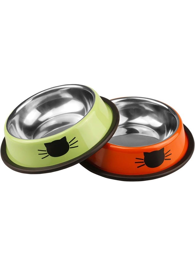 Rubik 2 Pack Stainless Steel Pet Dog Cat Bowls, Non-Skid Food and Water Dish Bowl with Cute Cats Painted for Small Dogs Cats Kitten Puppy Animals - Orange & Light Green  - Image 1