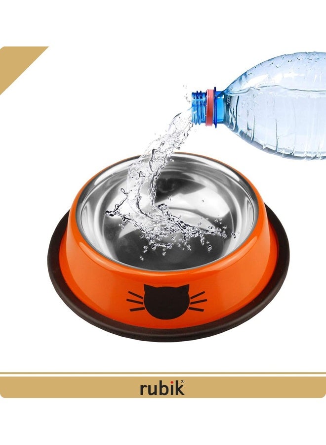 Rubik 2 Pack Stainless Steel Pet Dog Cat Bowls, Non-Skid Food and Water Dish Bowl with Cute Cats Painted for Small Dogs Cats Kitten Puppy Animals - Orange & Light Green  - Image 3