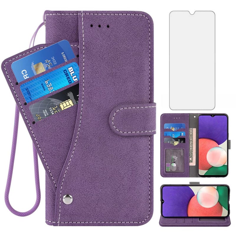 Asuwish Compatible with Samsung Galaxy A22 5G 66 inch Wallet Case and Tempered Glass Screen Protector Flip Credit Card Holder Stand Cell Accessories Phone Cover for SGlaxay A 22 22A G5 Women Purple