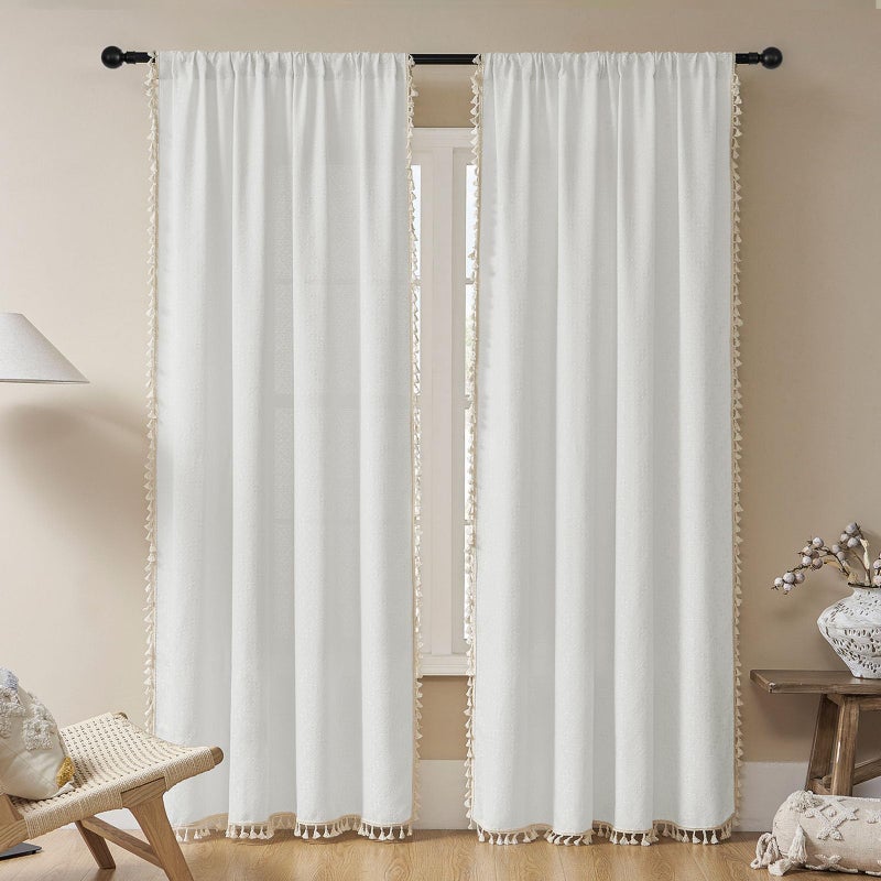 Joydeco White Boho Curtains 84 Inch Length 2 Panels Super Soft Bohemian Farmhouse Curtains with Tassels Semi Sheer Light Filtering Drapes for Bedroom Living Room Rod Pocket 52Wx84L