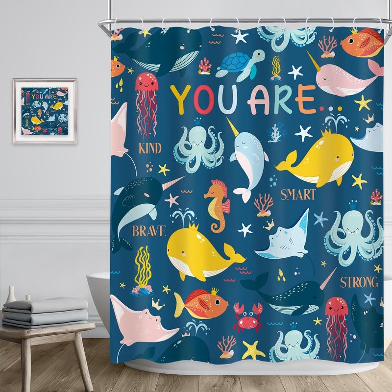 Riyidecor Kid Funny Ocean Shower Curtain 60Wx72H Inch Cartoon Inspirational Quotes Bave Sea Dolphin Cute Octopus Animal Ocean Fish Sealife Bathroom Decor Fabric Polyester Waterproof 12 Pack Hooks - Image 3