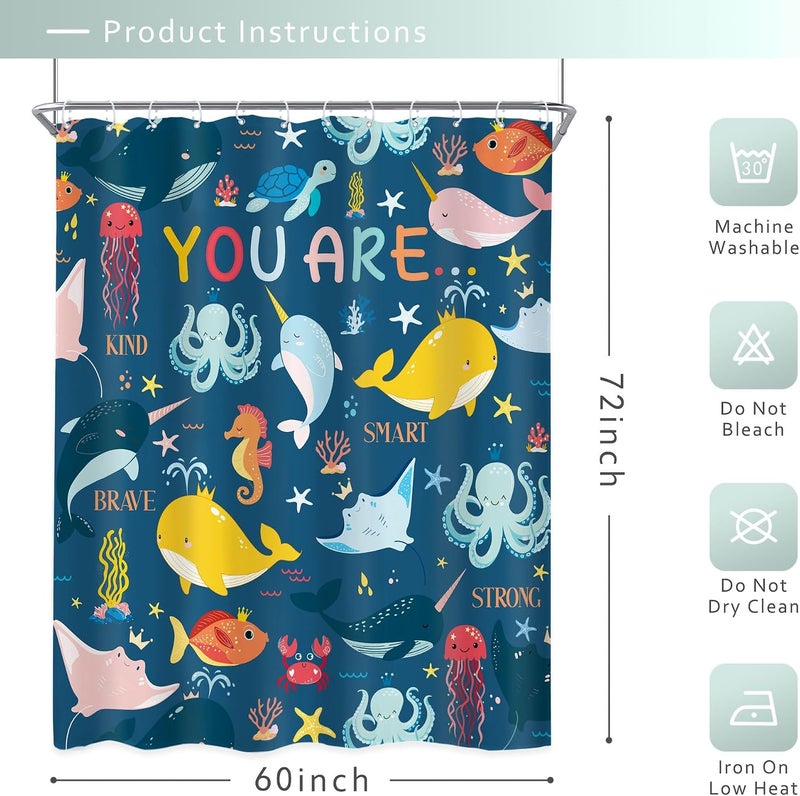 Riyidecor Kid Funny Ocean Shower Curtain 60Wx72H Inch Cartoon Inspirational Quotes Bave Sea Dolphin Cute Octopus Animal Ocean Fish Sealife Bathroom Decor Fabric Polyester Waterproof 12 Pack Hooks - Image 5