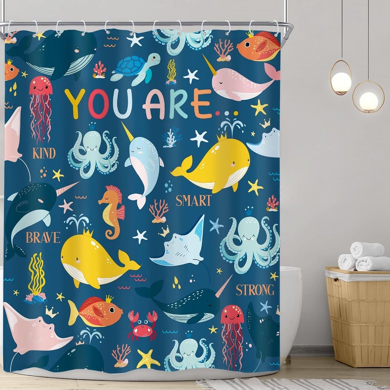 Riyidecor Kid Funny Ocean Shower Curtain 60Wx72H Inch Cartoon Inspirational Quotes Bave Sea Dolphin Cute Octopus Animal Ocean Fish Sealife Bathroom Decor Fabric Polyester Waterproof 12 Pack Hooks - Image 2