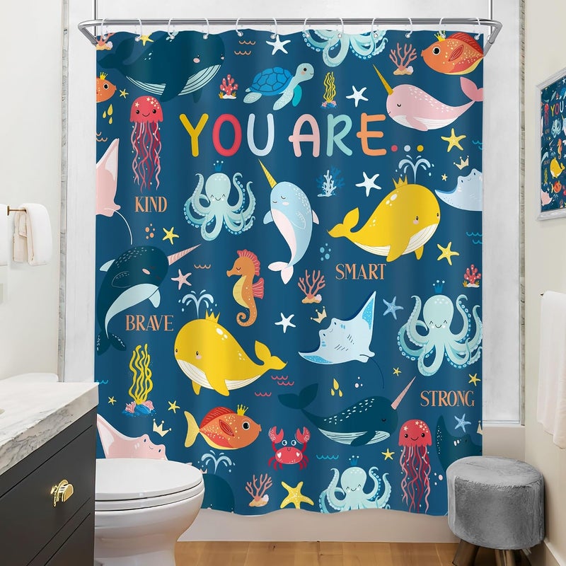 Riyidecor Kid Funny Ocean Shower Curtain 60Wx72H Inch Cartoon Inspirational Quotes Bave Sea Dolphin Cute Octopus Animal Ocean Fish Sealife Bathroom Decor Fabric Polyester Waterproof 12 Pack Hooks - Image 4
