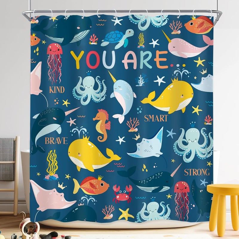 Riyidecor Kid Funny Ocean Shower Curtain 60Wx72H Inch Cartoon Inspirational Quotes Bave Sea Dolphin Cute Octopus Animal Ocean Fish Sealife Bathroom Decor Fabric Polyester Waterproof 12 Pack Hooks - Image 1