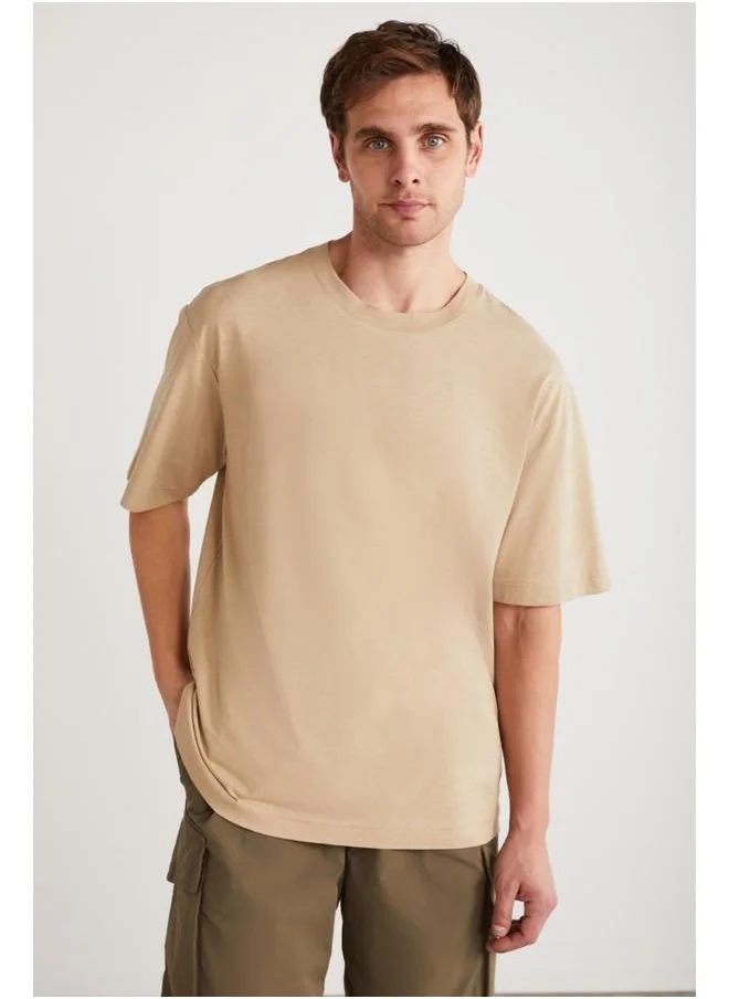 جريميلانج Grimelange Fletcher Men's Oversize Linen Blend Beige T-Shirt