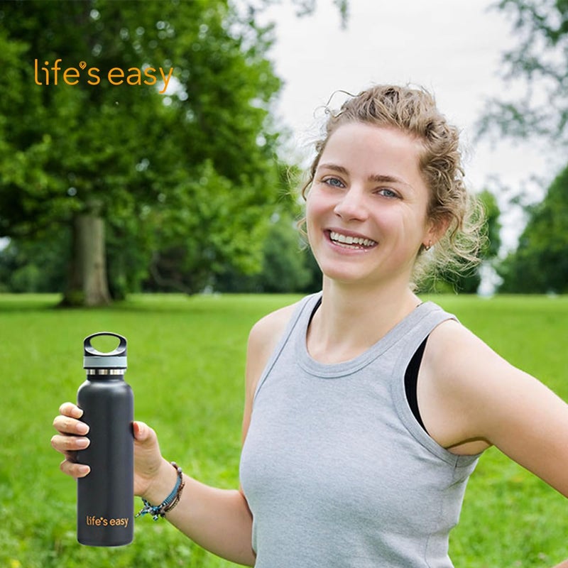 LIFE'S EASY Insulated Sports Water Bottle with Lid. Stainless Steel Vacuum Double Wall Thermo Flask for Hot and Cold Drinks  Simple Metal Hydro Canteen Travel Bottle for Men & Women - 20 oz (Black) - Image 2