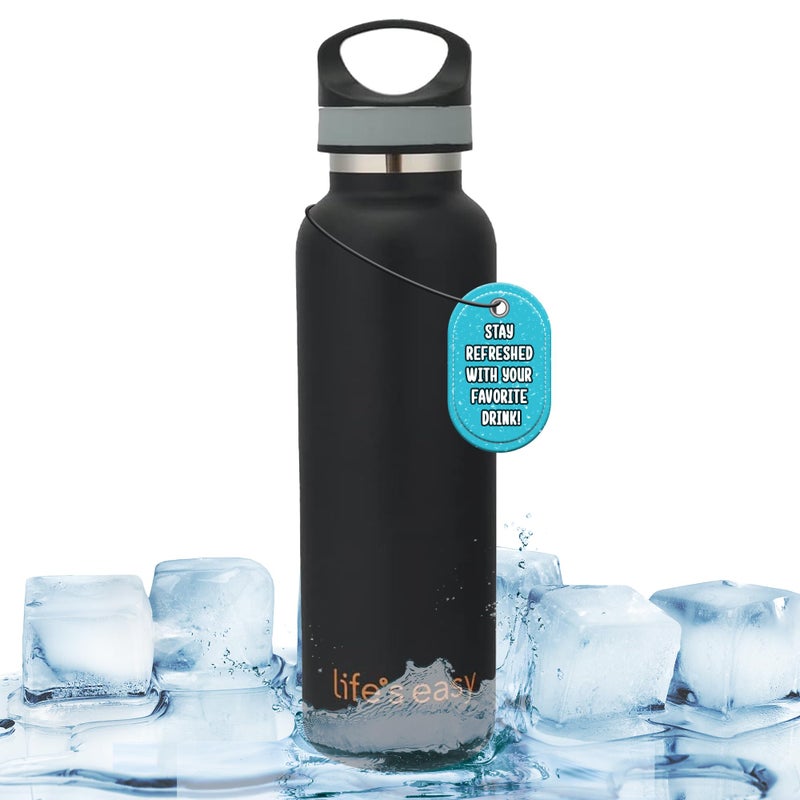 LIFE'S EASY Insulated Sports Water Bottle with Lid. Stainless Steel Vacuum Double Wall Thermo Flask for Hot and Cold Drinks  Simple Metal Hydro Canteen Travel Bottle for Men & Women - 20 oz (Black) - Image 1