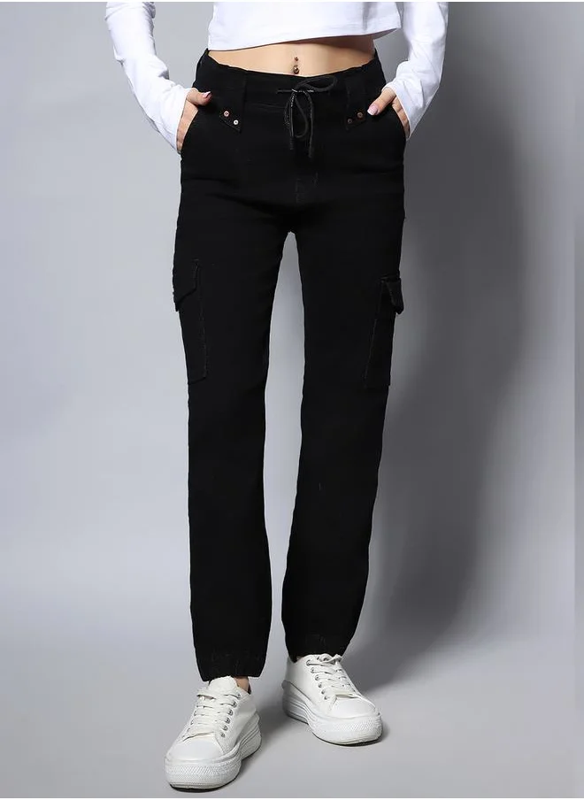 HIGH STAR Solid Mid Rise Jeans with Drawstring Closure by Styli