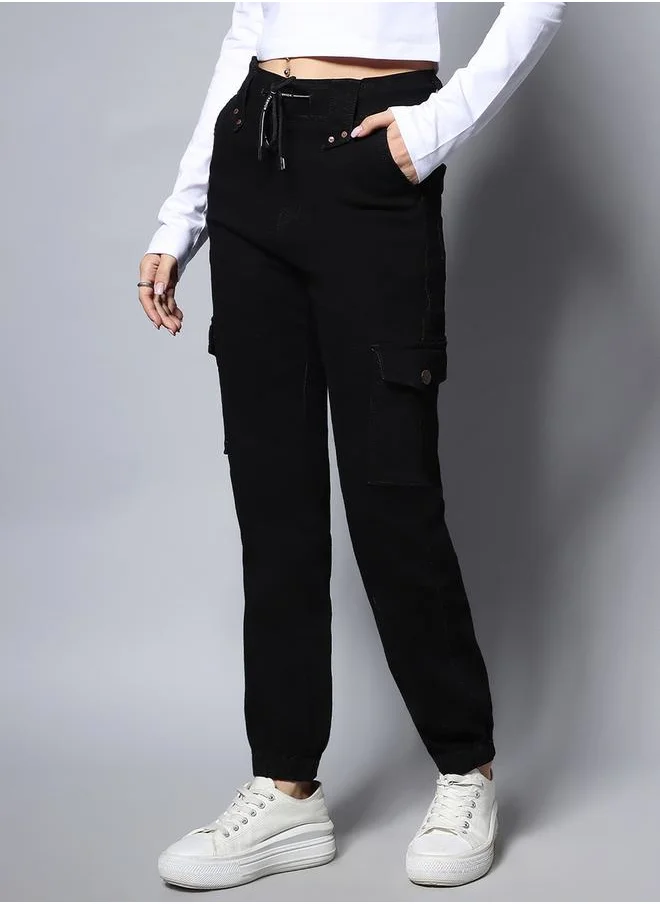 HIGH STAR Solid Mid Rise Jeans with Drawstring Closure by Styli