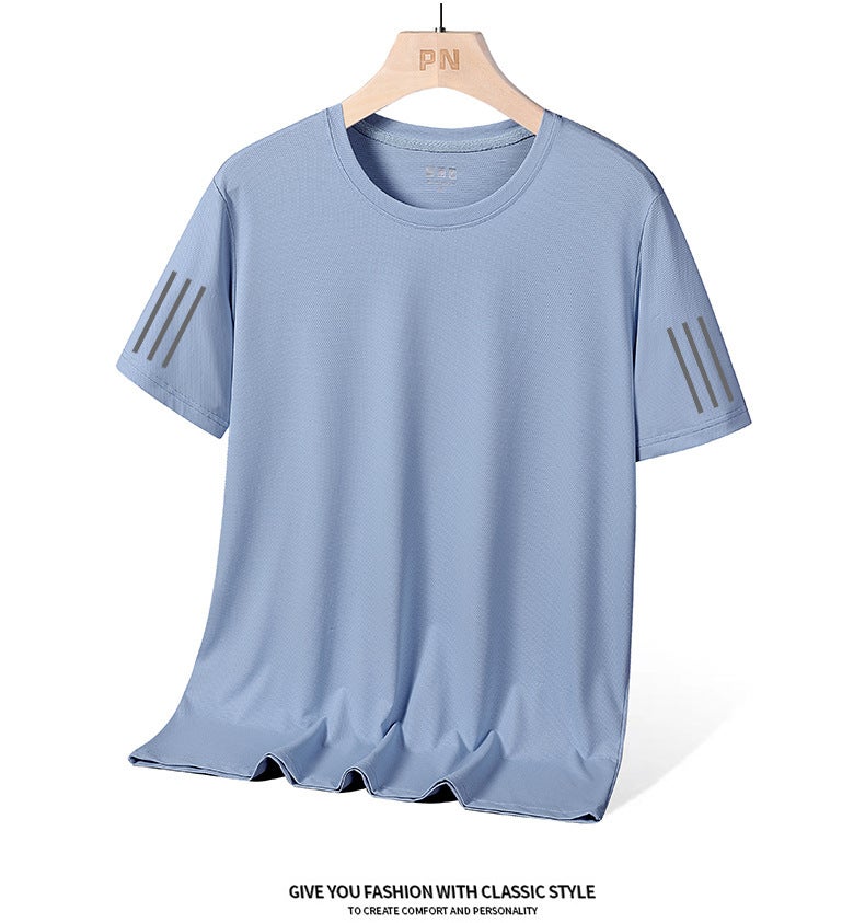 Nano Small Hole Round Neck Ice Silk Men'S And Women'S Same Loose Plus Size Three Bars Solid Color Casual Sports High Elastic Plus Size Top - Image 1