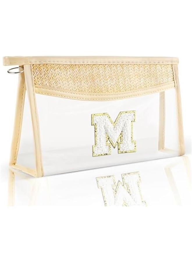 Boho Straw Clear Makeup Bag Initial Cosmetic Bags Personalized Chenille Letter Patch Beach Bag Zipper Travel Essentials Sunscreen Makeup Pouch Waterproof Toiletry Purse for Women Girls M - Image 1