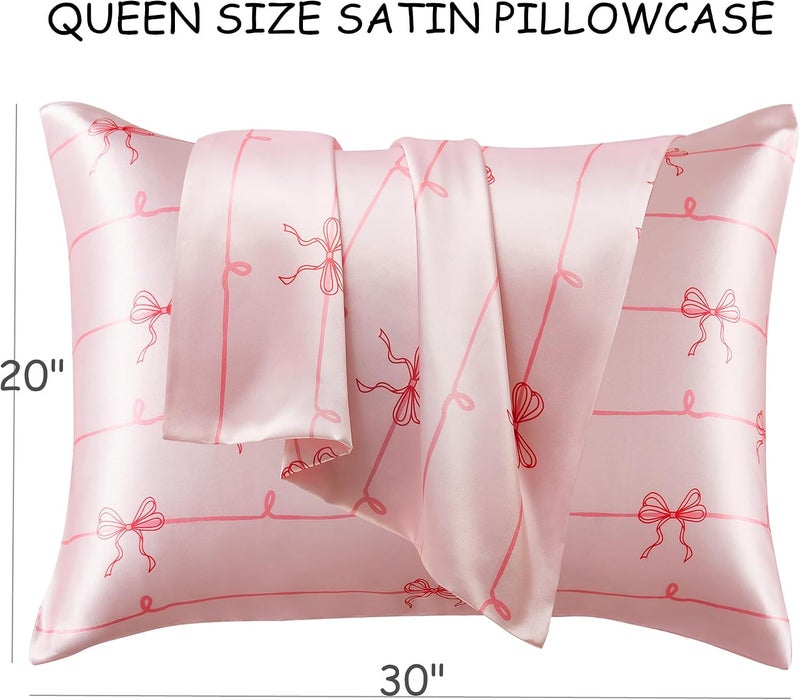 URLINENS أكياس وسائد من الساتان عبوة من 2 تشبه أكياس الوسائد الحريرية، مقاس كوين، كيس وسادة من الساتان الناعم للنوم للنساء مع إغلاق مغلف، هدايا للنساء والفتيات، وردي مع ربطة، 20 × 30 بوصة، قطعتان - Image 3