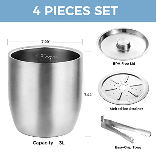 Tiken 3L Double-Wall Vacuum Insulated Ice Bucket with Lid & Tong Stainless Steel Champagne Buckets for Cocktail Bar, Parties & Outdoor - Image 2