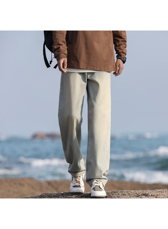 Homlean American-style Washed Denim Jeans Men's Spring And Summer High Street Handsome Loose Straight Wide-leg Trousers Hs05 Yellow Mud Color L - Image 2