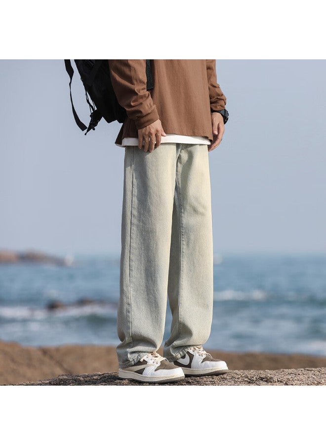 Homlean American-style Washed Denim Jeans Men's Spring And Summer High Street Handsome Loose Straight Wide-leg Trousers Hs05 Yellow Mud Color L - Image 3