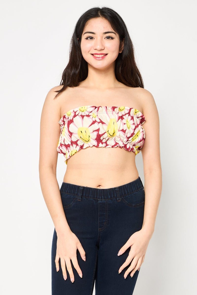 Bershka Women Straight Across Strapless Allover Print Tank Top, Multicolor - Image 1