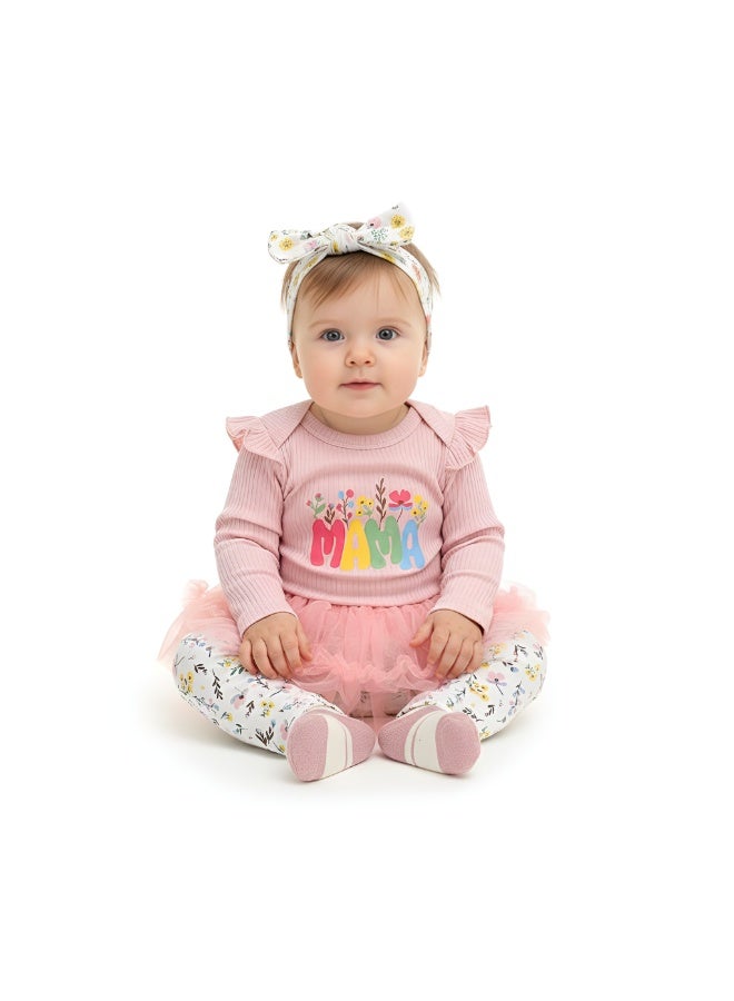 Bambimici -  Baby Girl 4-Piece Tutu Mama's Floral Set - Dark Pink - Image 1
