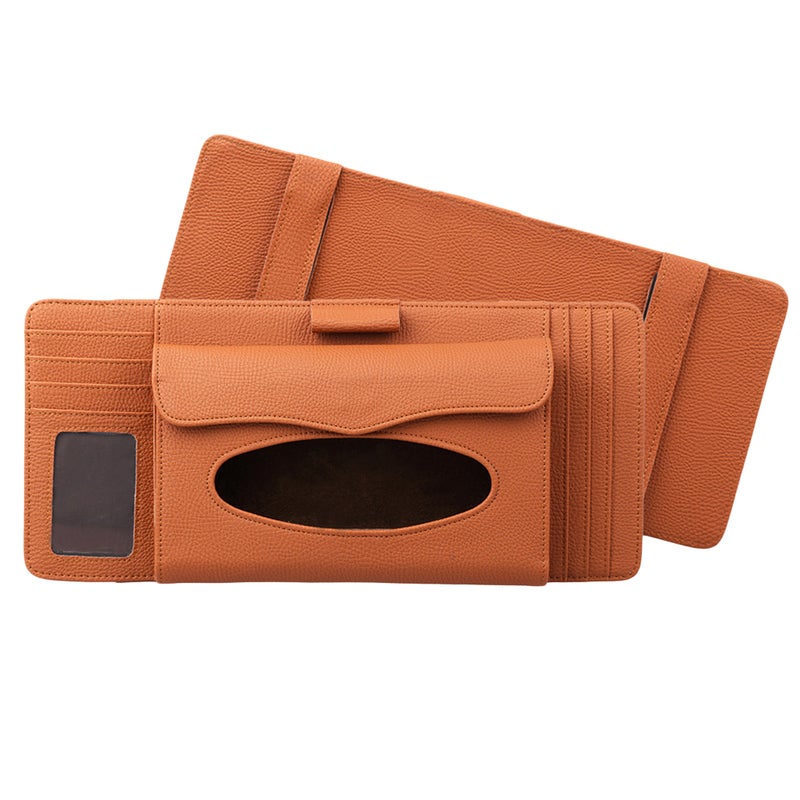 Multi-functional Sun Visor Tissue Box Litchi Texture Card Slot Pen CD Organizer for Car Vehicle (Orange) - Image 1