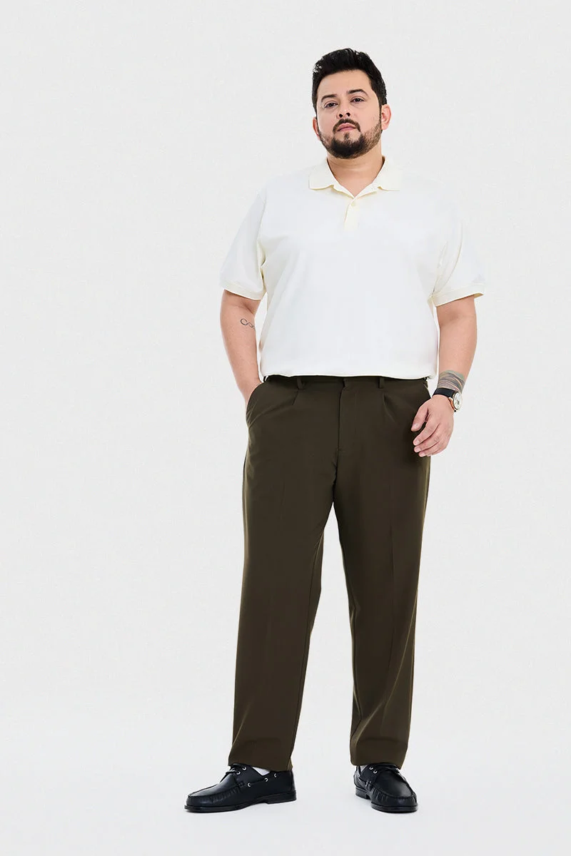 SNITCH Olive Textured Regular Fit Formal Plus Size Trousers