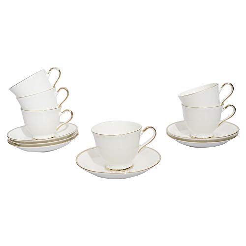 SkyKey Bone China Tea/Coffee Cups Set of 6 with Saucer (White & Gold) - Image 1