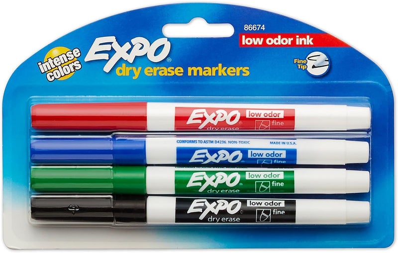 أقلام إزالة جافة من EXPO رقم 86674K، رائحة خفيفة، نهاية دقيقة، ألوان متنوعة، 4 قطع.