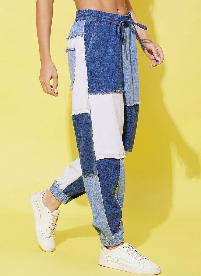 StyleStone Women's Blue & White Patch Work Relaxed Joggers Trousers - Image 2