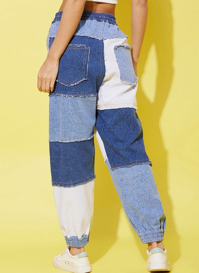 StyleStone Women's Blue & White Patch Work Relaxed Joggers Trousers - Image 4