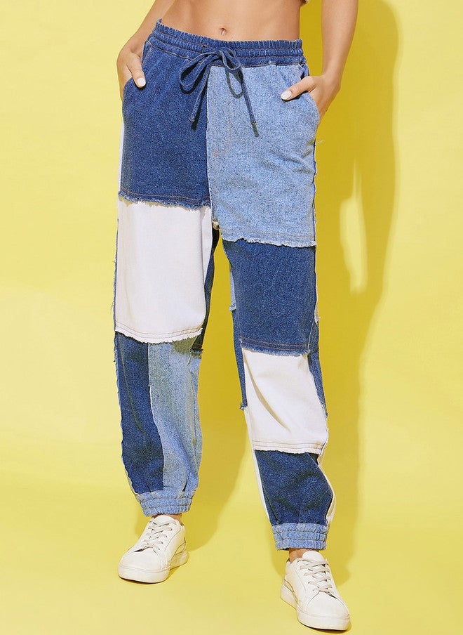 StyleStone Women's Blue & White Patch Work Relaxed Joggers Trousers - Image 1