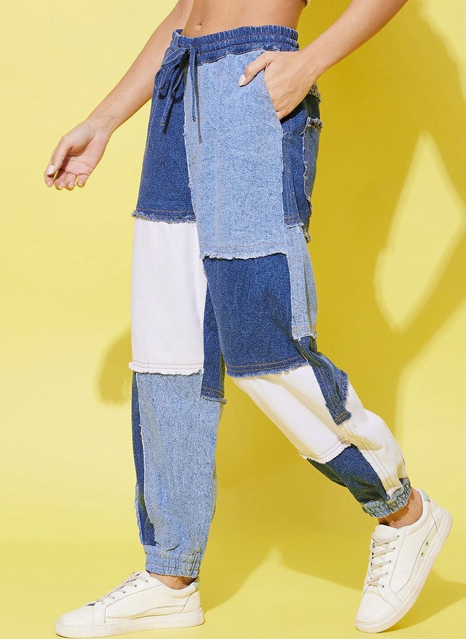 StyleStone Women's Blue & White Patch Work Relaxed Joggers Trousers - Image 3