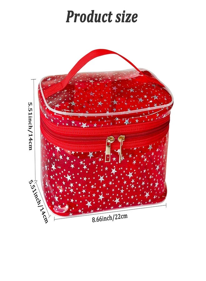TotePrint White Star Print PVC Makeup Bag with Handle - 8.66 * 5.51 * 5.51 inch,Clear Storage Bag Toiletry Pocket Portable Zippered Pouch Waterproof Cosmetic Organizer Bags for Women (White-L) - Image 2