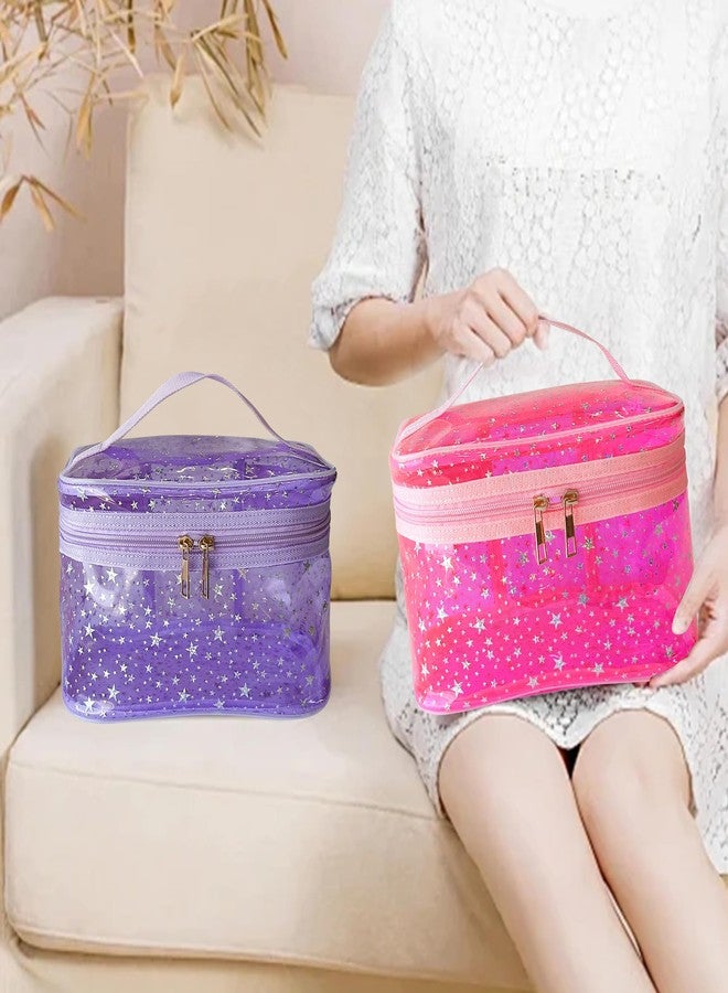 TotePrint White Star Print PVC Makeup Bag with Handle - 8.66 * 5.51 * 5.51 inch,Clear Storage Bag Toiletry Pocket Portable Zippered Pouch Waterproof Cosmetic Organizer Bags for Women (White-L) - Image 5