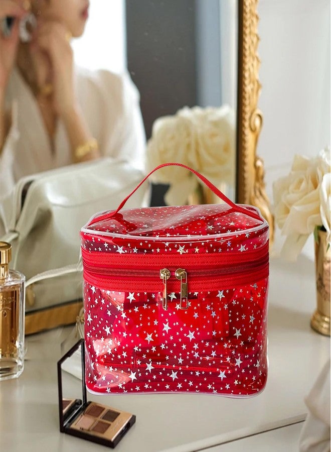 TotePrint White Star Print PVC Makeup Bag with Handle - 8.66 * 5.51 * 5.51 inch,Clear Storage Bag Toiletry Pocket Portable Zippered Pouch Waterproof Cosmetic Organizer Bags for Women (White-L) - Image 4