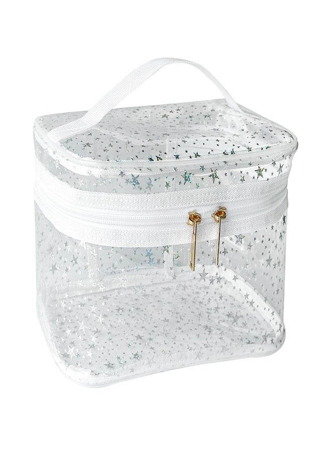TotePrint White Star Print PVC Makeup Bag with Handle - 8.66 * 5.51 * 5.51 inch,Clear Storage Bag Toiletry Pocket Portable Zippered Pouch Waterproof Cosmetic Organizer Bags for Women (White-L) - Image 1