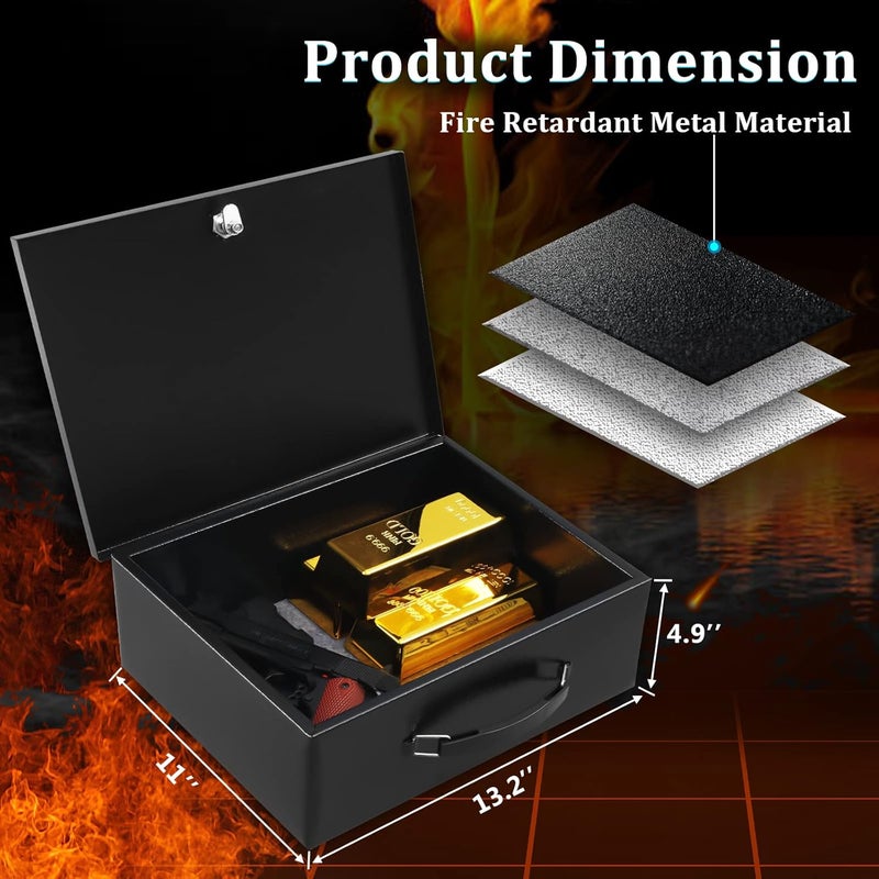 Dalmbox Portable Metal Safe Box with Key Lock - Fire Resistant Storage for Documents, Car, Home and Outside - X Large 13.2"x 11"x 5.1" Black Box - Image 2
