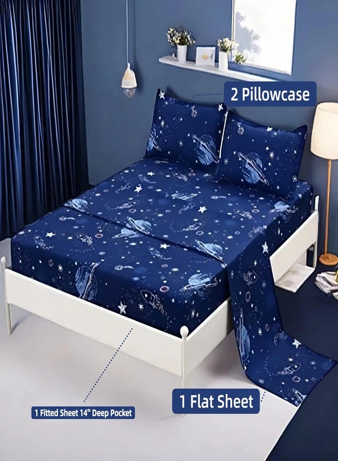 MAG 4 Pcs Bedding Set Space Sheets,Galaxy Planets Stars Full Sheet Set for Kids Teens Boys Girls and Space-Lovers, Super Soft Microfiber, 1 Fitted Sheet 14''Deep Pocket +1 Flat Sheet+2 Pillowcase. - Image 2
