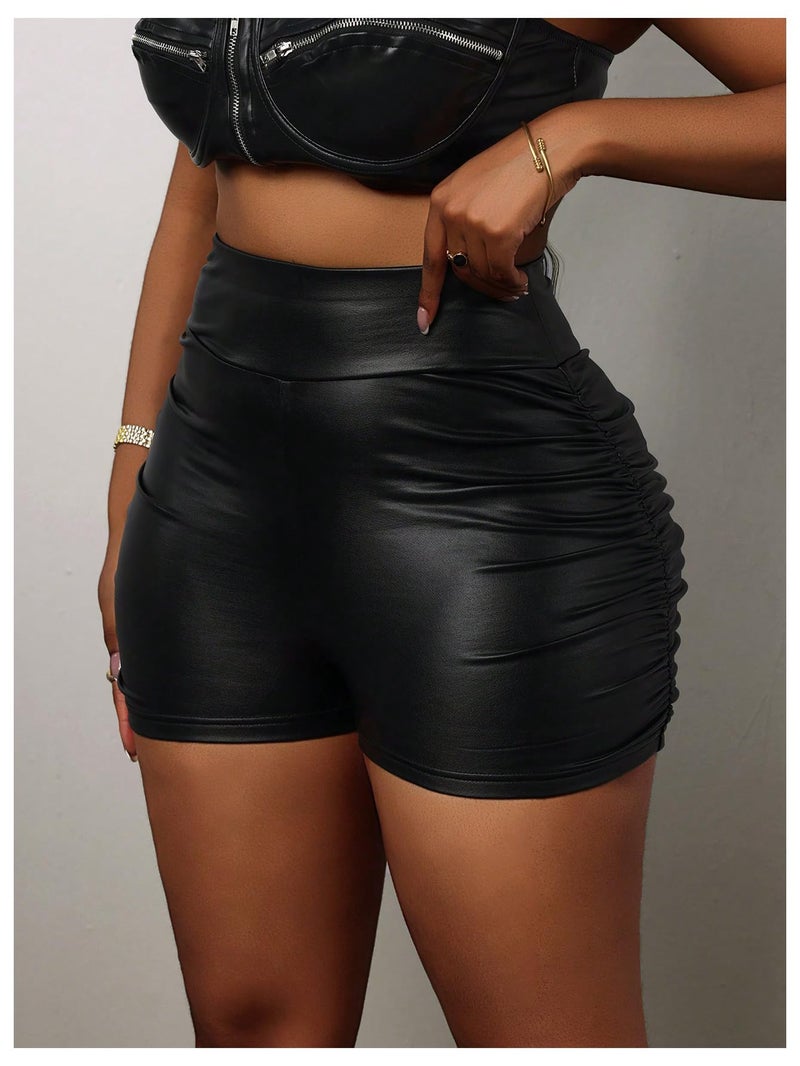 Verdusa Women's Ruched Faux Leather Mini Shorts High Waisted Booty Sexy Going Out Rave Shorts Black Medium - Image 4