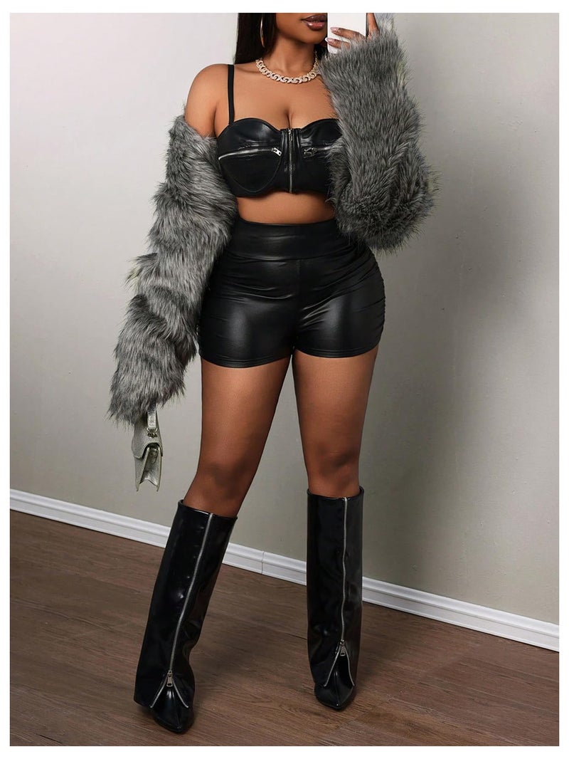 Verdusa Women's Ruched Faux Leather Mini Shorts High Waisted Booty Sexy Going Out Rave Shorts Black Medium - Image 5