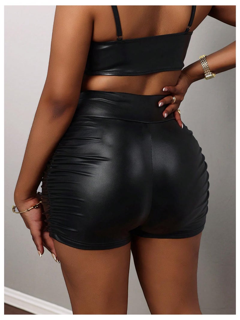 Verdusa Women's Ruched Faux Leather Mini Shorts High Waisted Booty Sexy Going Out Rave Shorts Black Medium - Image 2