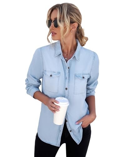 Vetinee Women's Light Blue Button Down Denim Shirt Collared Classical Casual Vintage Retro Long Sleeve Pockets Tunic Fall Tops Blouse Size Large - Image 4