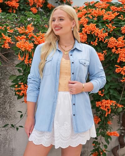 Vetinee Women's Light Blue Button Down Denim Shirt Collared Classical Casual Vintage Retro Long Sleeve Pockets Tunic Fall Tops Blouse Size Large - Image 5