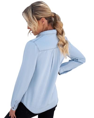 Vetinee Women's Light Blue Button Down Denim Shirt Collared Classical Casual Vintage Retro Long Sleeve Pockets Tunic Fall Tops Blouse Size Large - Image 2