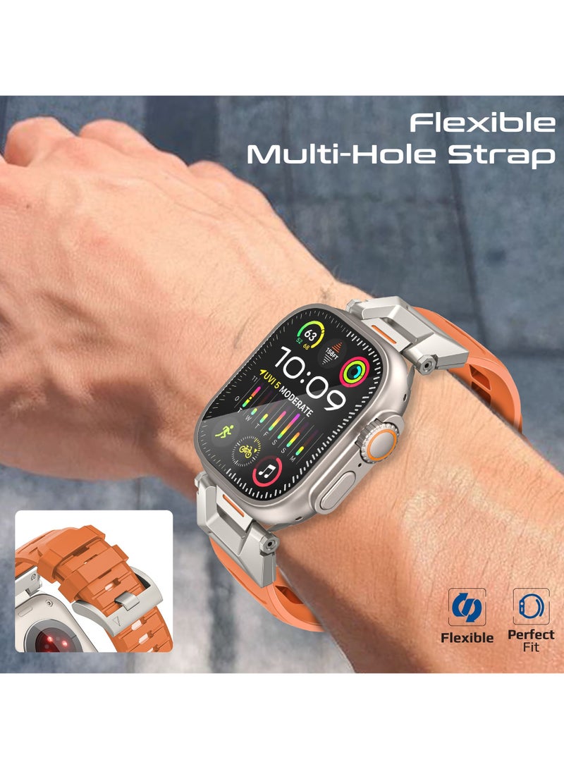 بروميت سوار قابل للتعديل لـ Apple Watch موصلات وإبزيم من الفولاذ المقاوم للصدأ SUS 304 عالي الجودة، حزام مطاطي مقاوم للخدش، توافق عالمي، حزام متعدد الفتحات ومقاوم للتآكل، SilicaBand-Pro برتقالي - Image 5