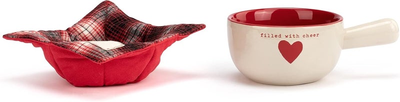 DEMDACO Filled with cheer Red and Cream 18 Ounce Stoneware Christmas Soup Crock and Bowl Cozy - Image 1