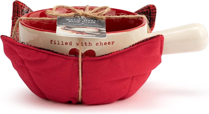DEMDACO Filled with cheer Red and Cream 18 Ounce Stoneware Christmas Soup Crock and Bowl Cozy - Image 3